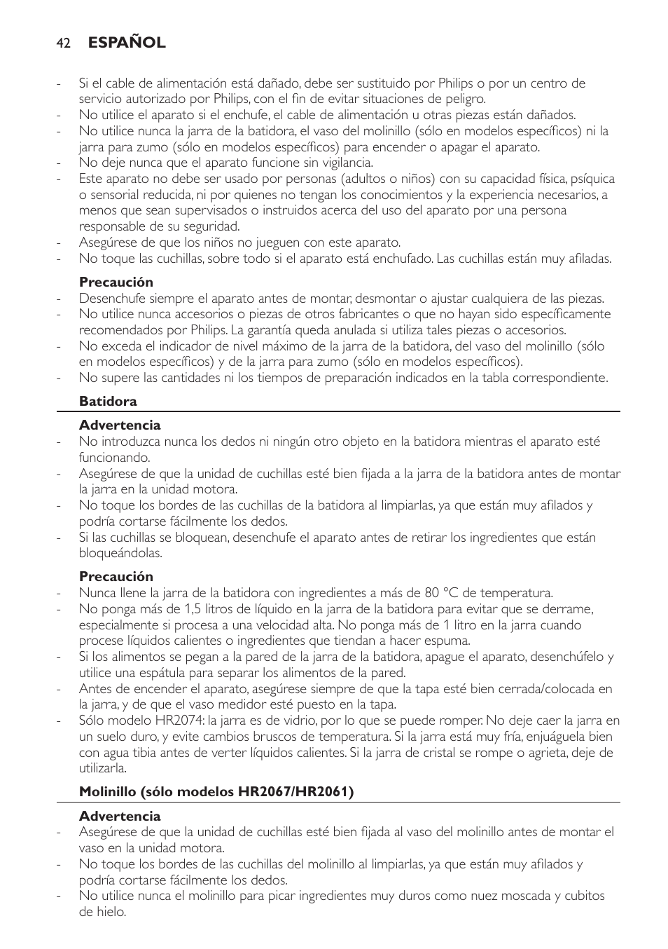 Precaución, Batidora, Advertencia | Molinillo (sólo modelos hr2067/hr2061) | Philips Batidora User Manual | Page 42 / 120