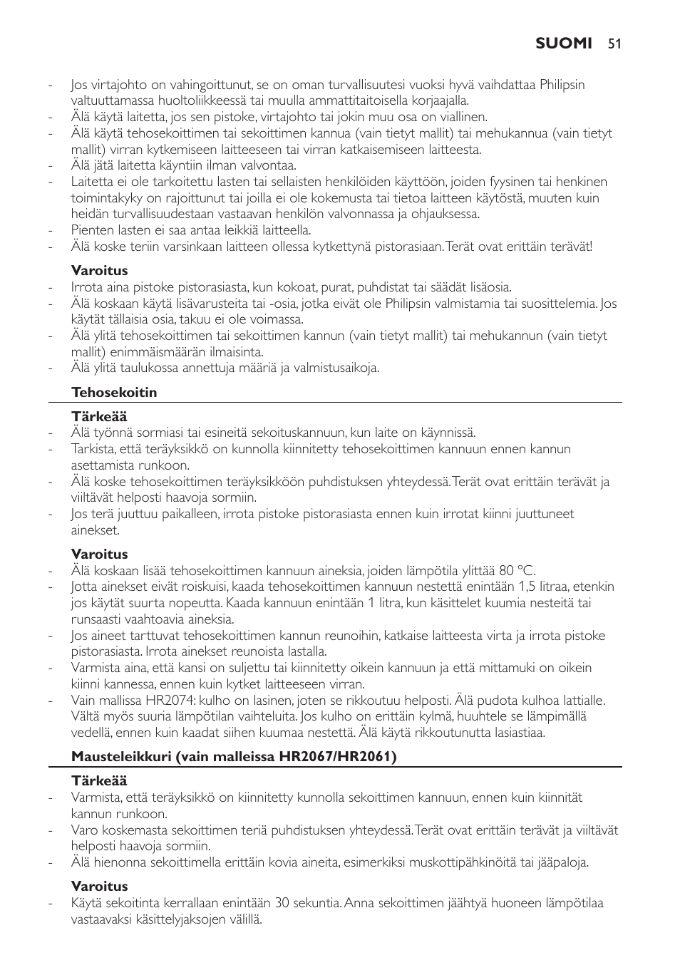 Varoitus, Tehosekoitin, Tärkeää | Mausteleikkuri (vain malleissa hr2067/hr2061) | Philips Batidora User Manual | Page 51 / 120