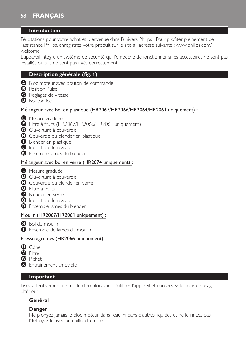 Français, Introduction, Description générale (fig. 1) | Important, Général, Danger | Philips Batidora User Manual | Page 58 / 120