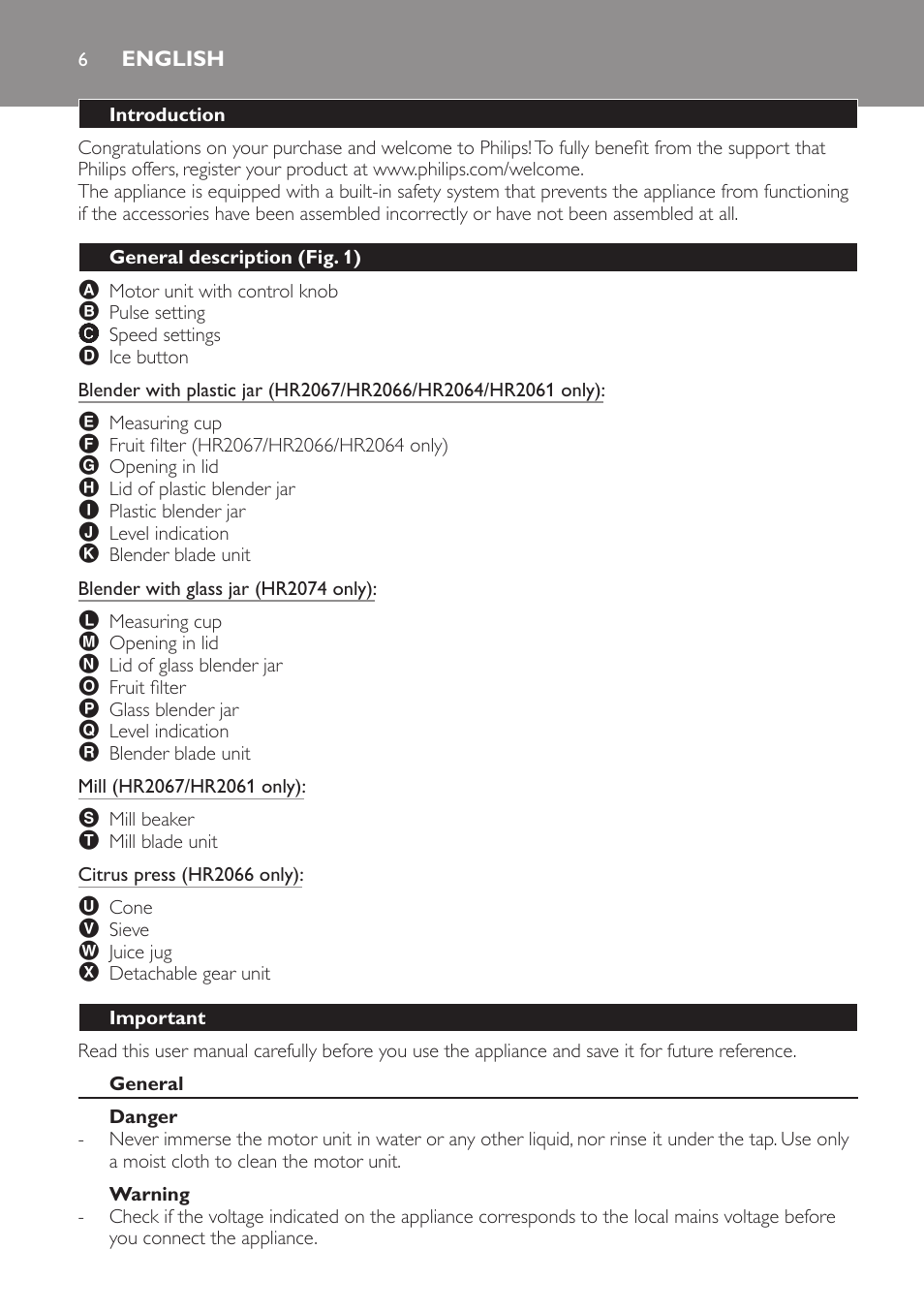 English, Introduction, General description (fig. 1) | Important, General, Danger, Warning | Philips Batidora User Manual | Page 6 / 120