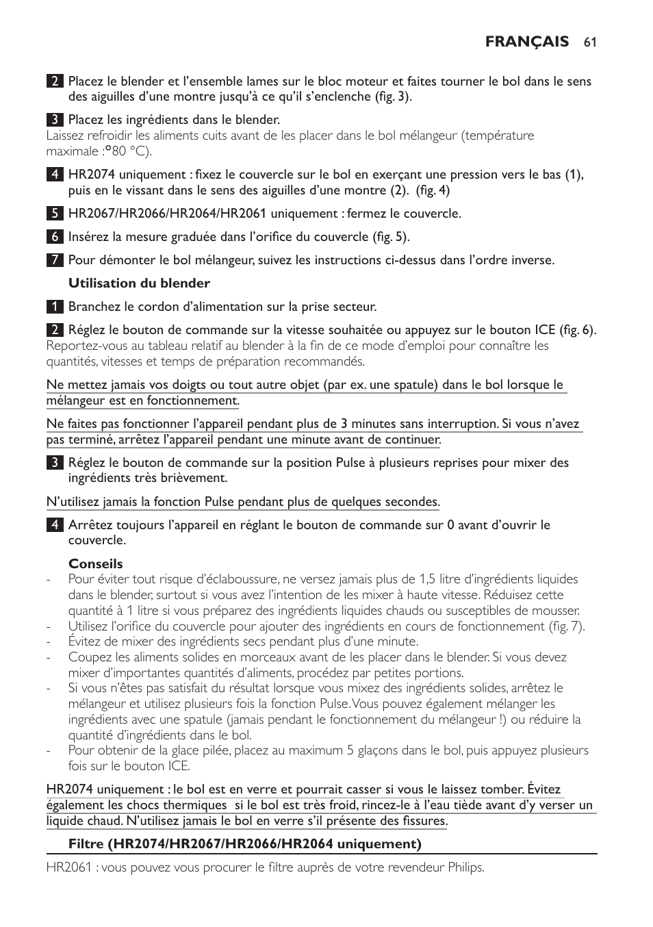 Utilisation du blender, Conseils, Filtre (hr2074/hr2067/hr2066/hr2064 uniquement) | Philips Batidora User Manual | Page 61 / 120