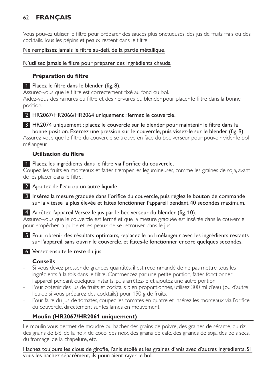 Préparation du filtre, Utilisation du filtre, Conseils | Moulin (hr2067/hr2061 uniquement) | Philips Batidora User Manual | Page 62 / 120