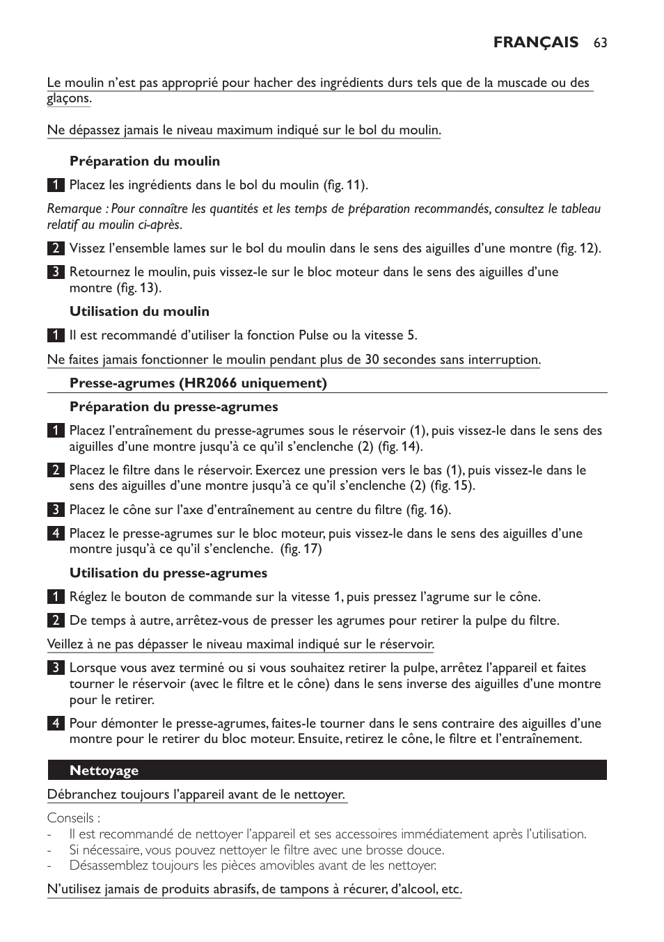 Préparation du moulin, Utilisation du moulin, Presse-agrumes (hr2066 uniquement) | Préparation du presse-agrumes, Utilisation du presse-agrumes, Nettoyage | Philips Batidora User Manual | Page 63 / 120