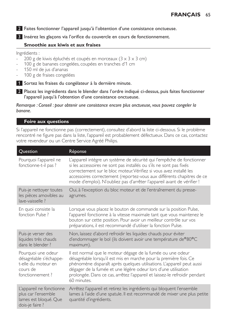 Smoothie aux kiwis et aux fraises, Foire aux questions | Philips Batidora User Manual | Page 65 / 120