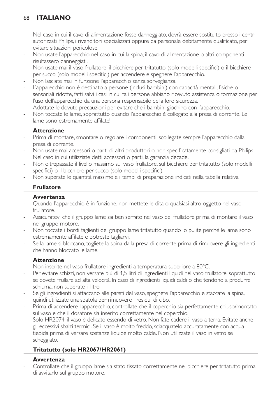 Attenzione, Frullatore, Avvertenza | Tritatutto (solo hr2067/hr2061) | Philips Batidora User Manual | Page 68 / 120