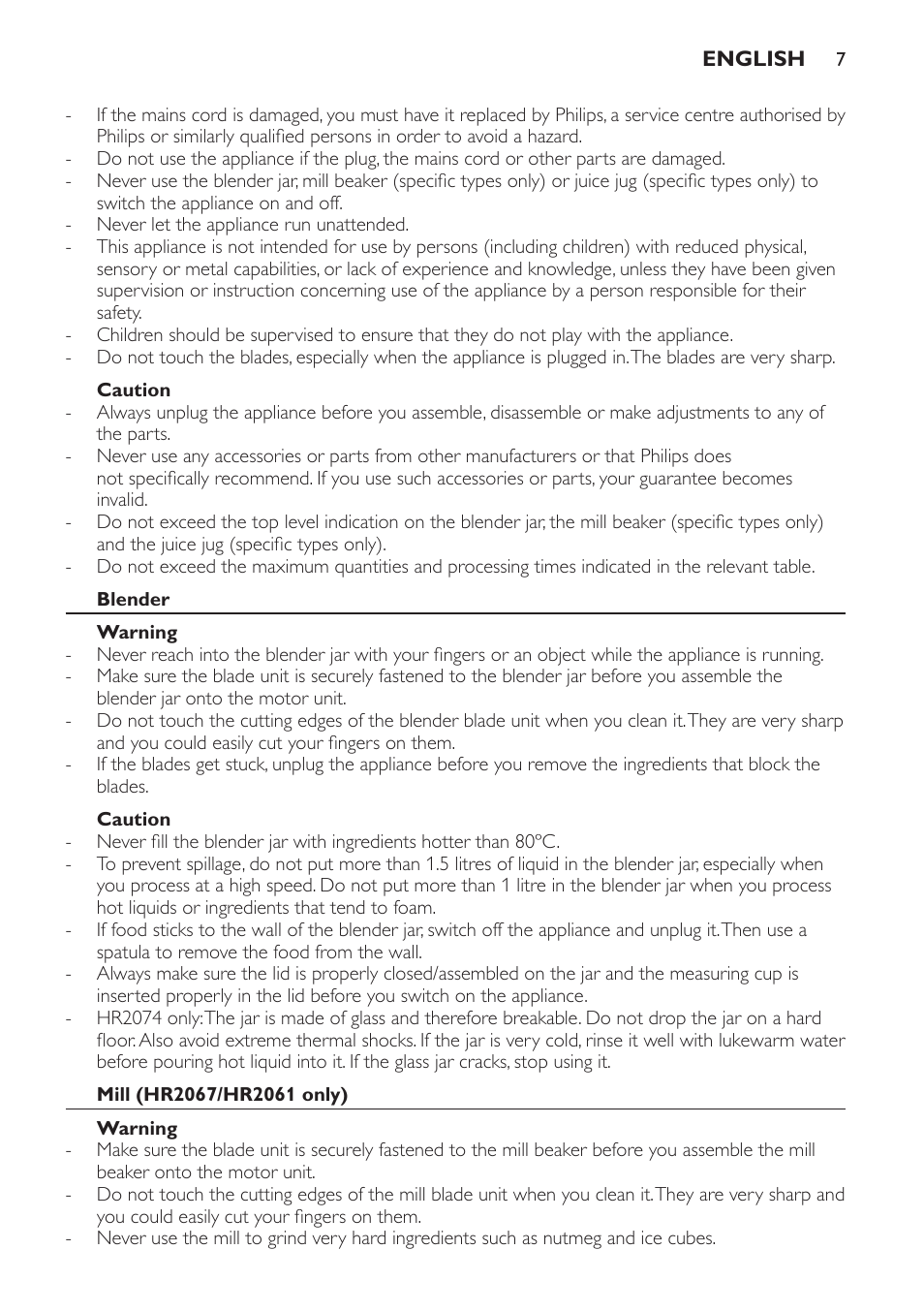 Caution, Blender, Warning | Mill (hr2067/hr2061 only) | Philips Batidora User Manual | Page 7 / 120