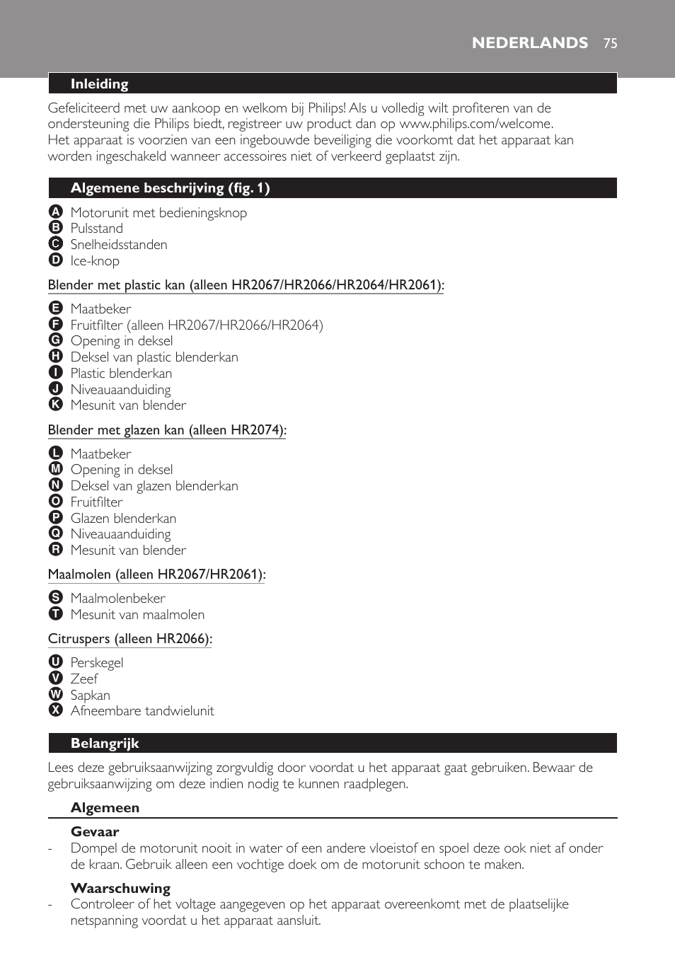 Nederlands, Inleiding, Algemene beschrijving (fig. 1) | Belangrijk, Algemeen, Gevaar, Waarschuwing | Philips Batidora User Manual | Page 75 / 120