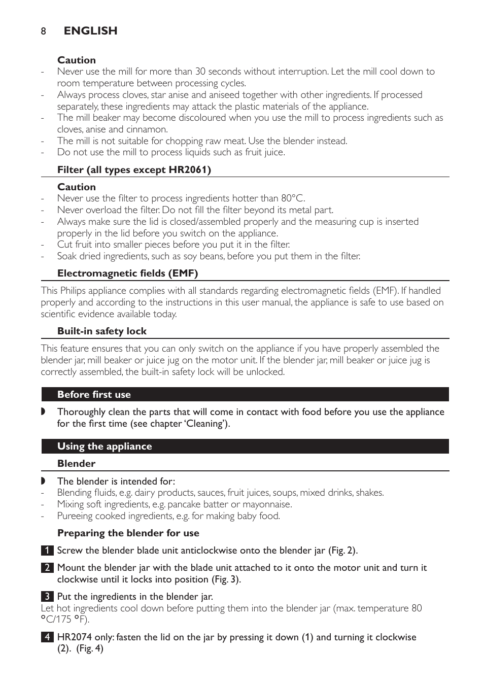 Caution, Filter (all types except hr2061), Electromagnetic fields (emf) | Built-in safety lock, Before first use, Using the appliance, Blender, Preparing the blender for use | Philips Batidora User Manual | Page 8 / 120