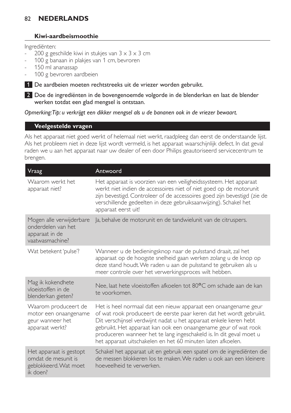 Kiwi-aardbeismoothie, Veelgestelde vragen | Philips Batidora User Manual | Page 82 / 120