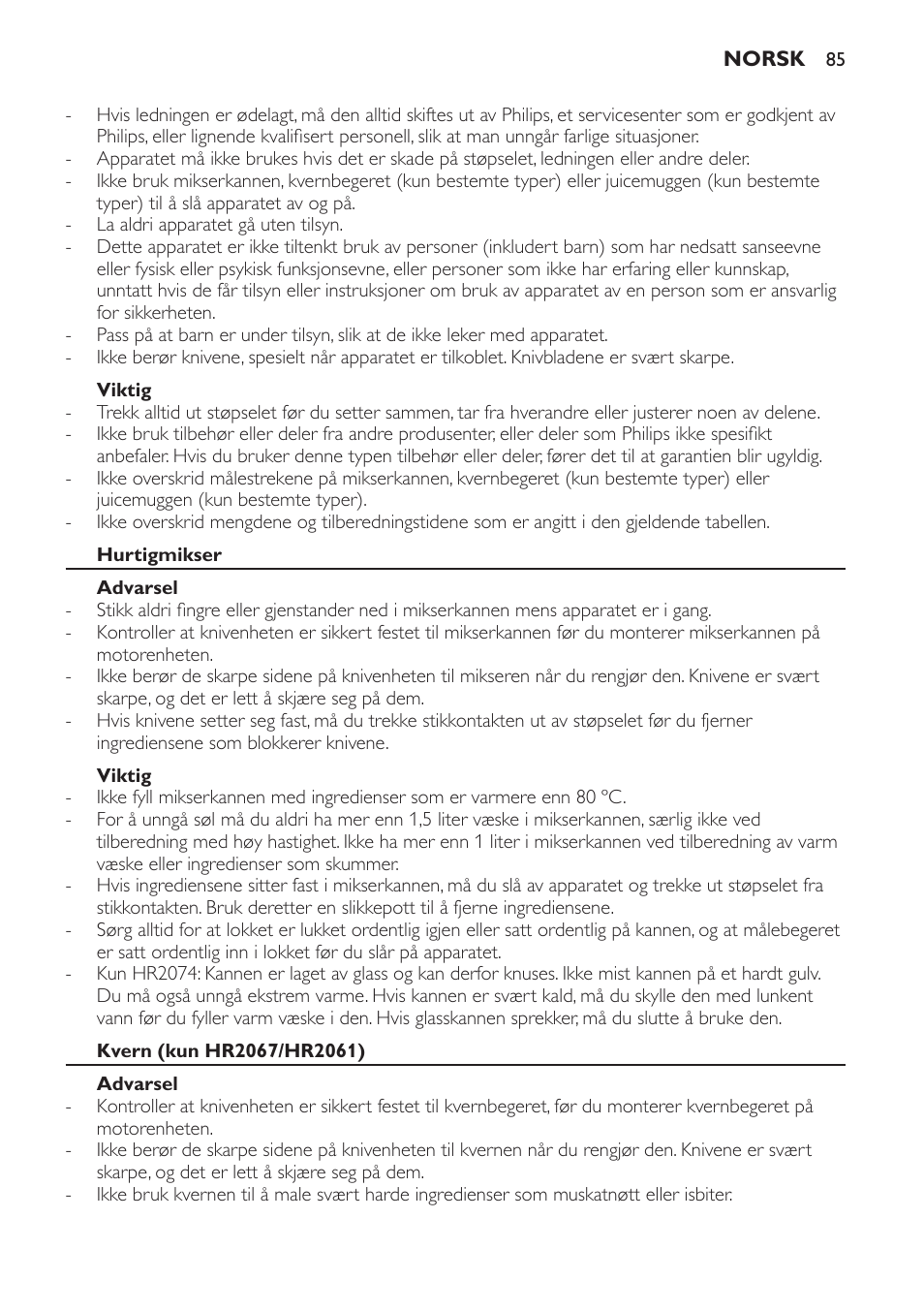 Viktig, Hurtigmikser, Advarsel | Kvern (kun hr2067/hr2061) | Philips Batidora User Manual | Page 85 / 120