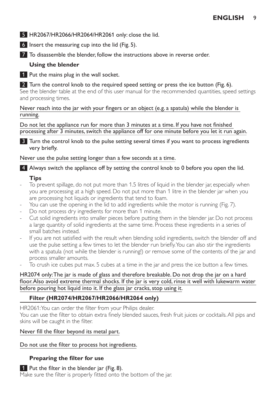 Using the blender, Tips, Filter (hr2074/hr2067/hr2066/hr2064 only) | Preparing the filter for use | Philips Batidora User Manual | Page 9 / 120
