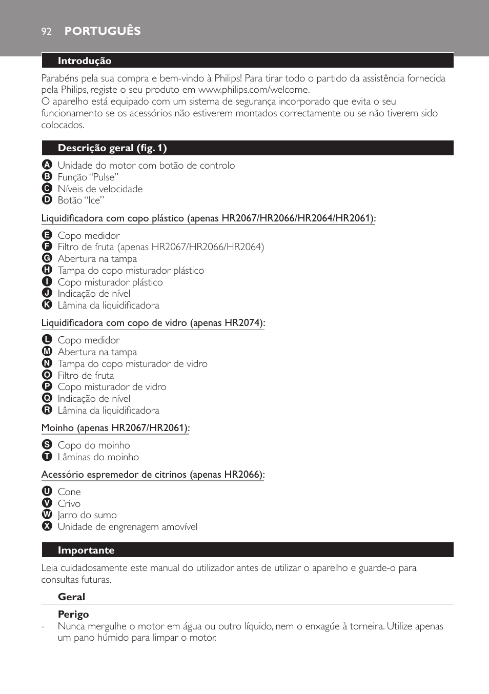 Português, Introdução, Descrição geral (fig. 1) | Importante, Geral, Perigo | Philips Batidora User Manual | Page 92 / 120