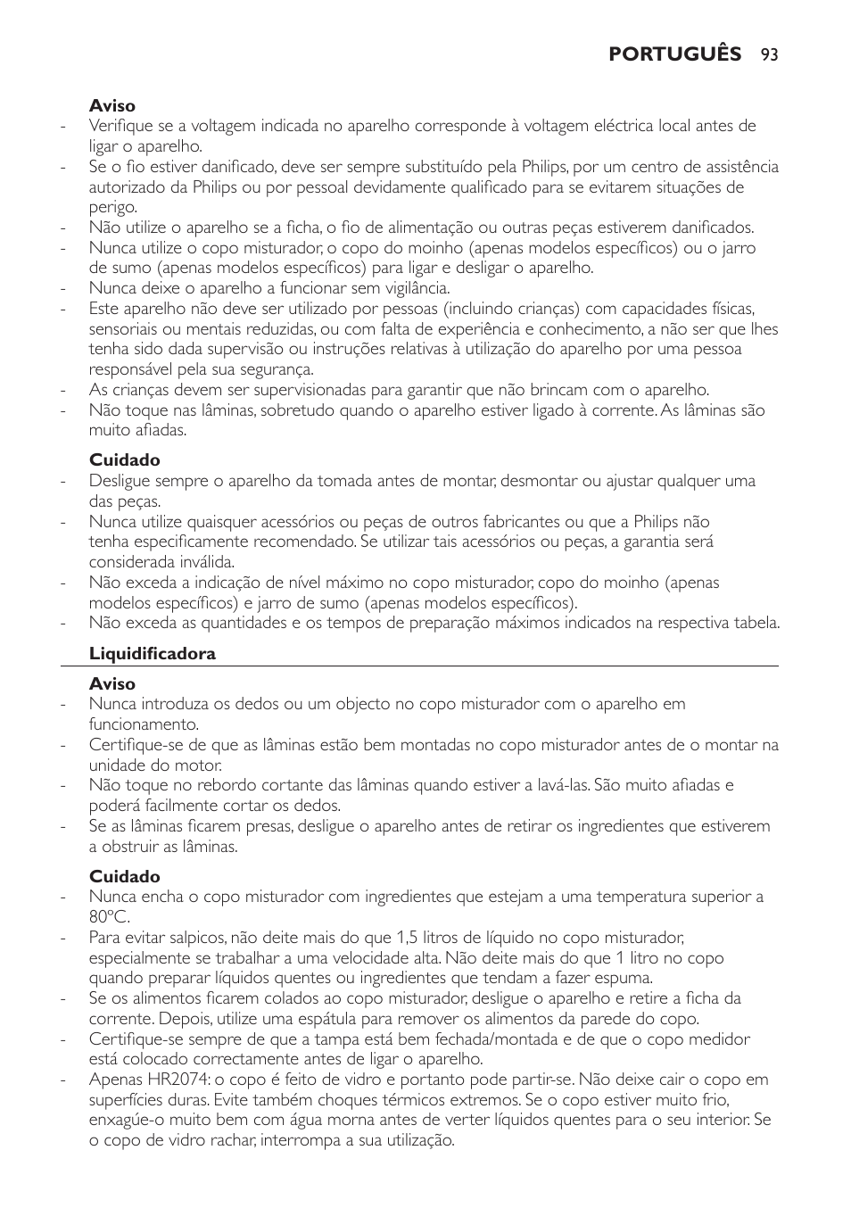 Aviso, Cuidado, Liquidificadora | Philips Batidora User Manual | Page 93 / 120