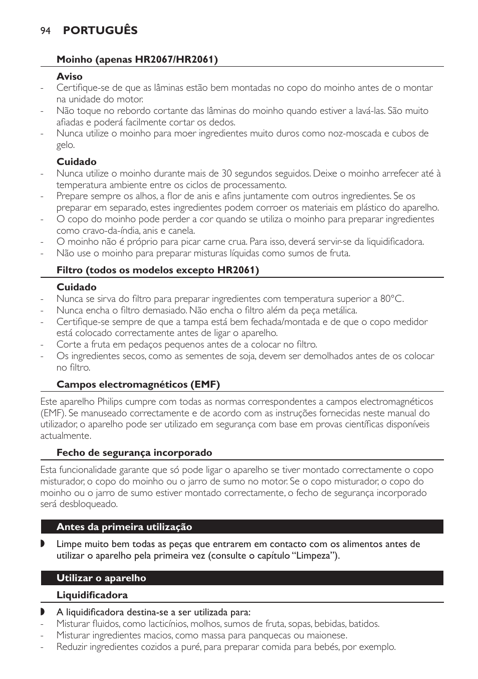 Moinho (apenas hr2067/hr2061), Aviso, Cuidado | Filtro (todos os modelos excepto hr2061), Campos electromagnéticos (emf), Fecho de segurança incorporado, Antes da primeira utilização, Utilizar o aparelho, Liquidificadora | Philips Batidora User Manual | Page 94 / 120