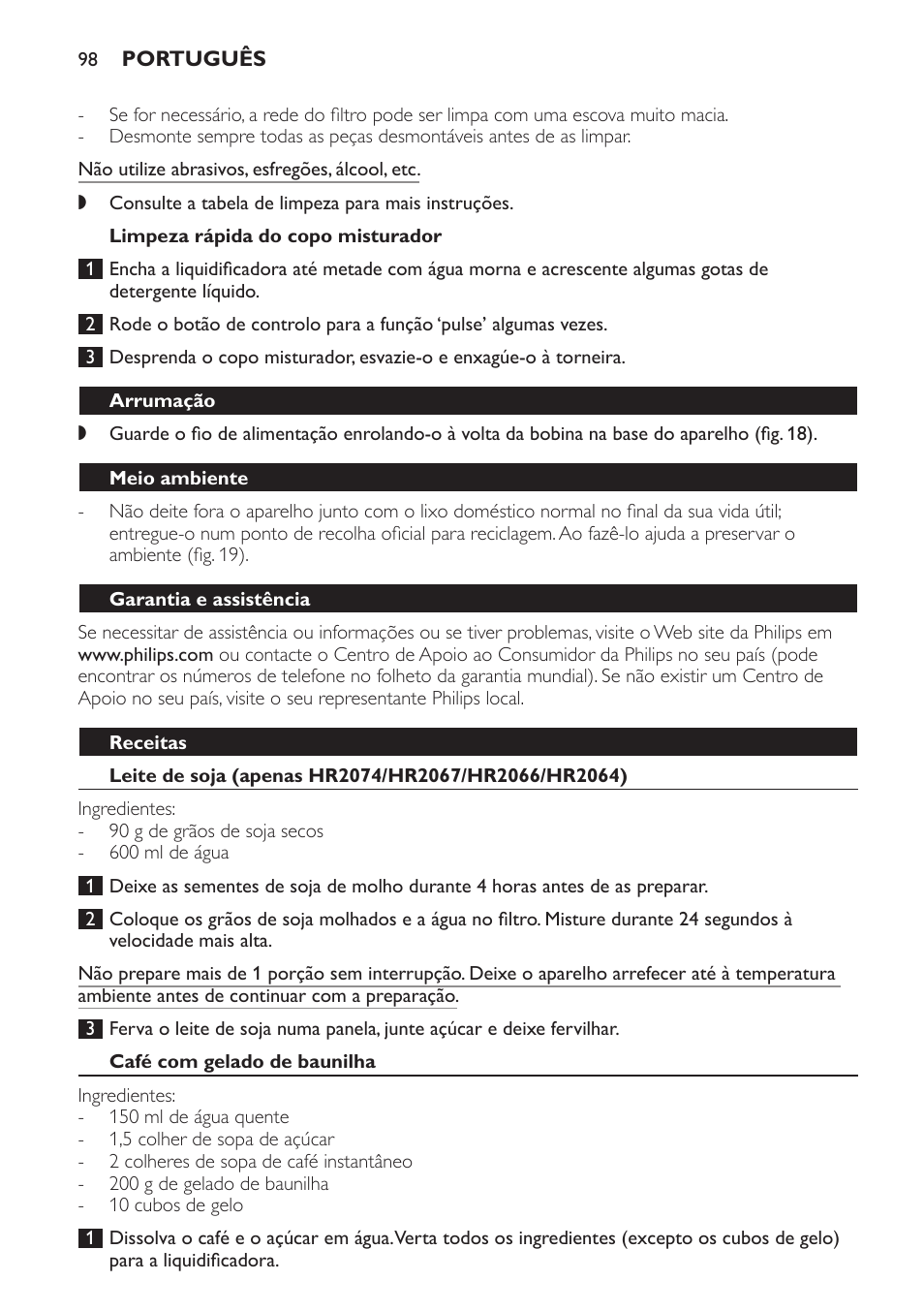 Limpeza rápida do copo misturador, Arrumação, Meio ambiente | Garantia e assistência, Receitas, Leite de soja (apenas hr2074/hr2067/hr2066/hr2064), Café com gelado de baunilha | Philips Batidora User Manual | Page 98 / 120