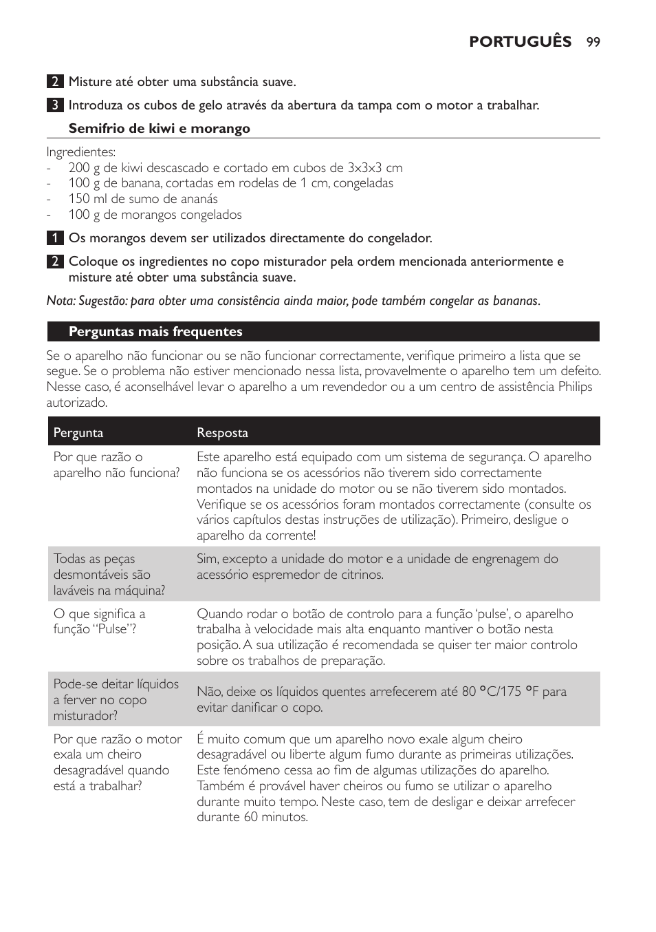 Semifrio de kiwi e morango, Perguntas mais frequentes | Philips Batidora User Manual | Page 99 / 120