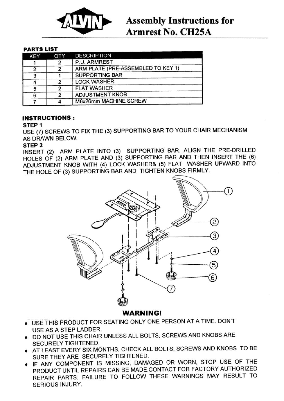 Alvin Armrest CH25A User Manual | 1 page