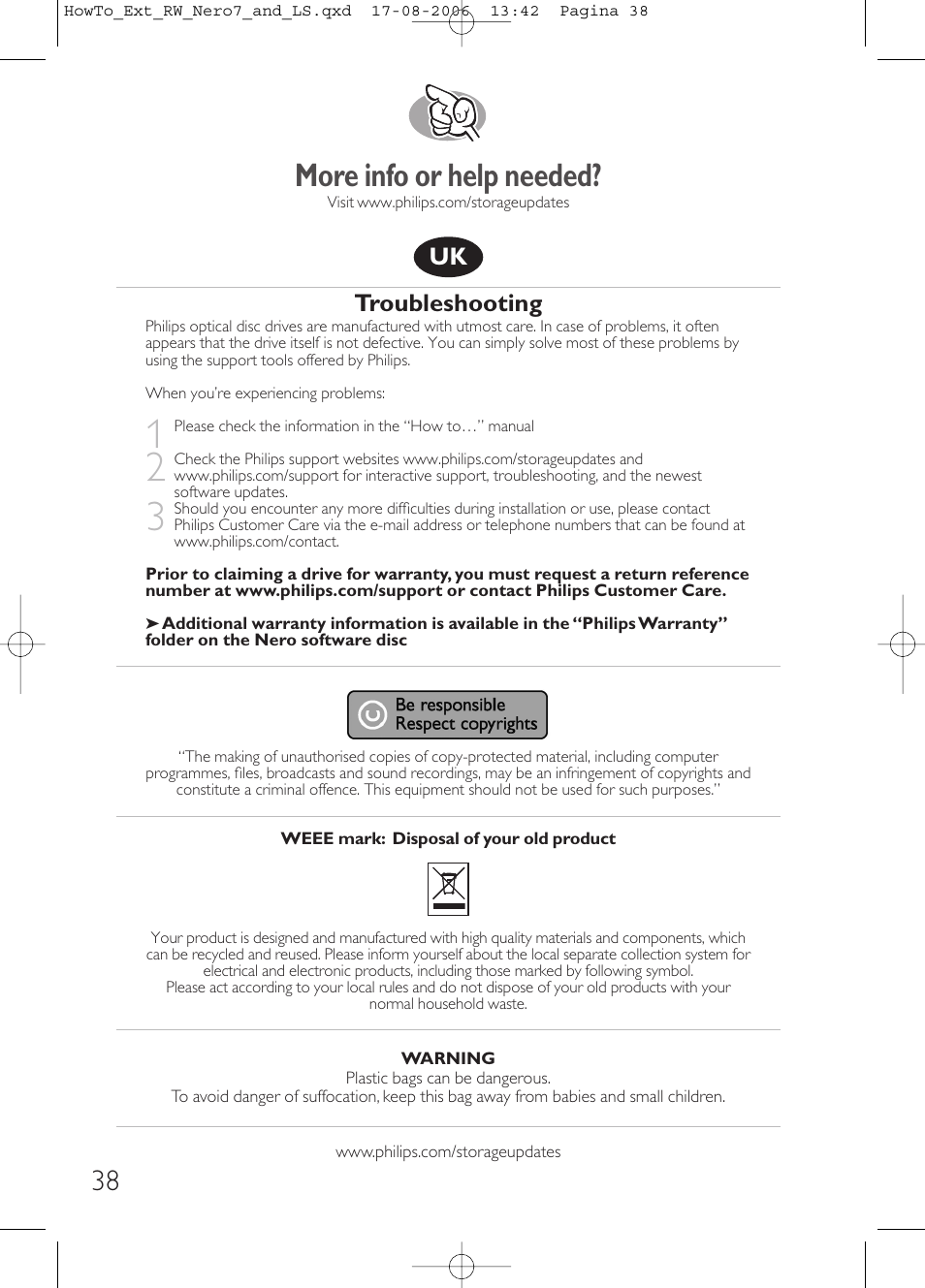 More info or help needed, Troubleshooting | Philips How to for External ReWriters using Nero 7 and LightScribe User Manual | Page 38 / 84