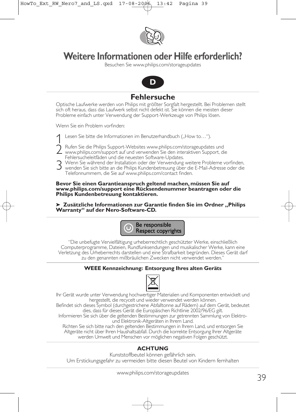 Weitere informationen oder hilfe erforderlich, Fehlersuche | Philips How to for External ReWriters using Nero 7 and LightScribe User Manual | Page 39 / 84