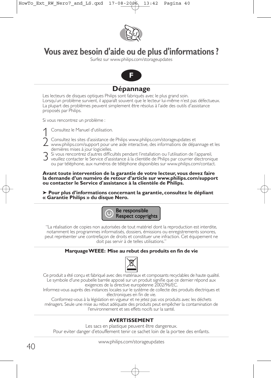 Vous avez besoin d'aide ou de plus d'informations, Dépannage | Philips How to for External ReWriters using Nero 7 and LightScribe User Manual | Page 40 / 84