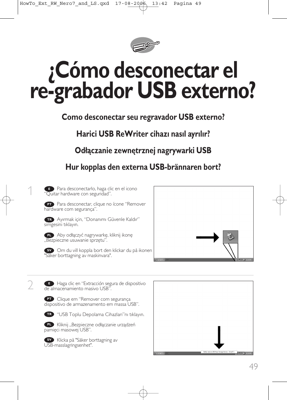 Cómo desconectar el re-grabador usb externo | Philips How to for External ReWriters using Nero 7 and LightScribe User Manual | Page 49 / 84