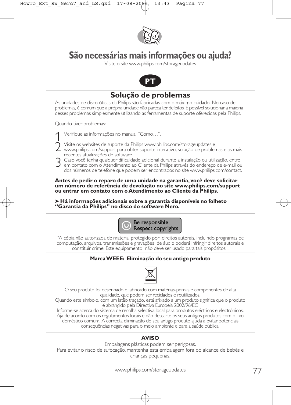 São necessárias mais informações ou ajuda, Solução de problemas | Philips How to for External ReWriters using Nero 7 and LightScribe User Manual | Page 77 / 84