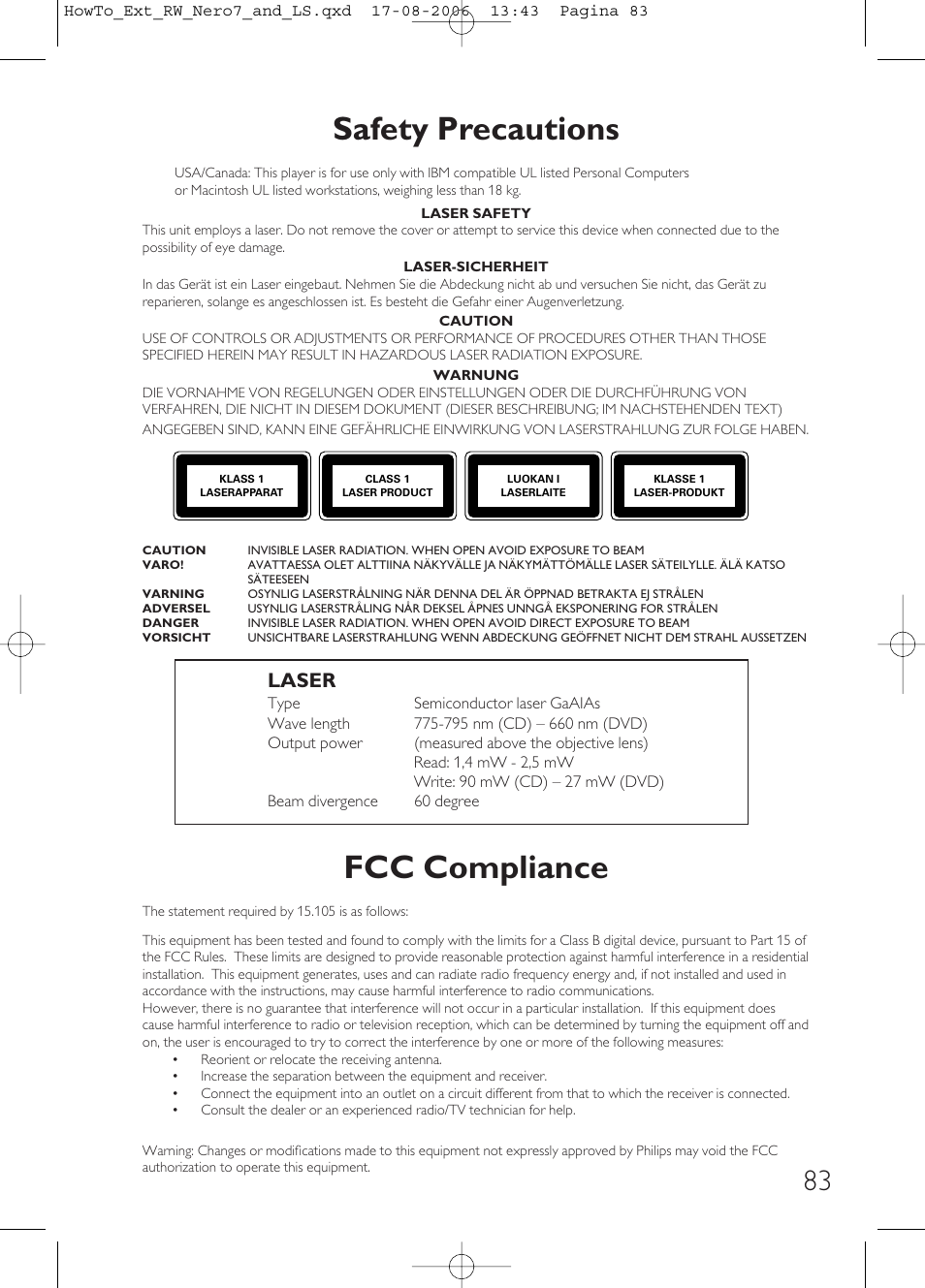 Fcc compliance, Safety precautions, Laser | Philips How to for External ReWriters using Nero 7 and LightScribe User Manual | Page 83 / 84