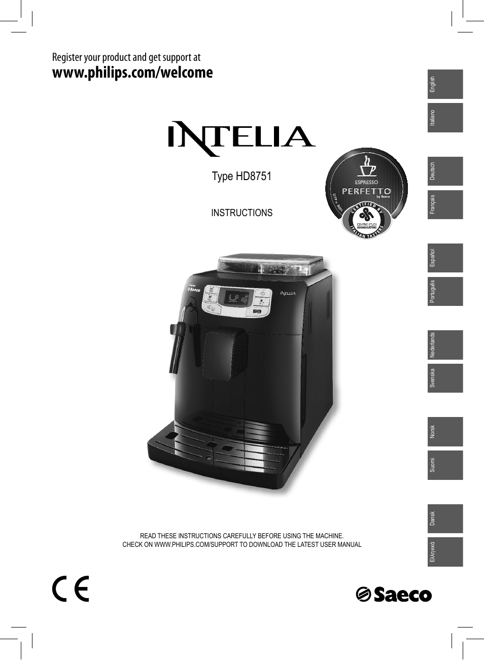 Philips Saeco Intelia Cafetera expreso súper automática User Manual | 96 pages