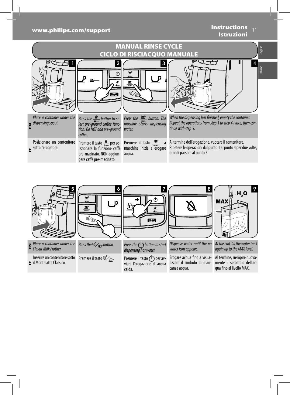 Manual rinse cycle ciclo di risciacquo manuale | Philips Saeco Intelia Cafetera expreso súper automática User Manual | Page 11 / 96