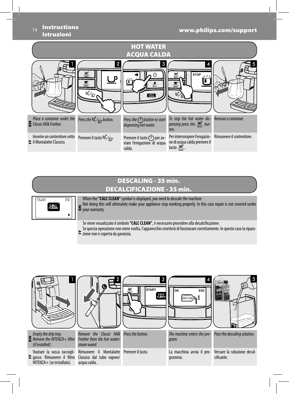 Hot water, Acqua calda, Descaling - 35 min. decalcificazione - 35 min | Philips Saeco Intelia Cafetera expreso súper automática User Manual | Page 14 / 96