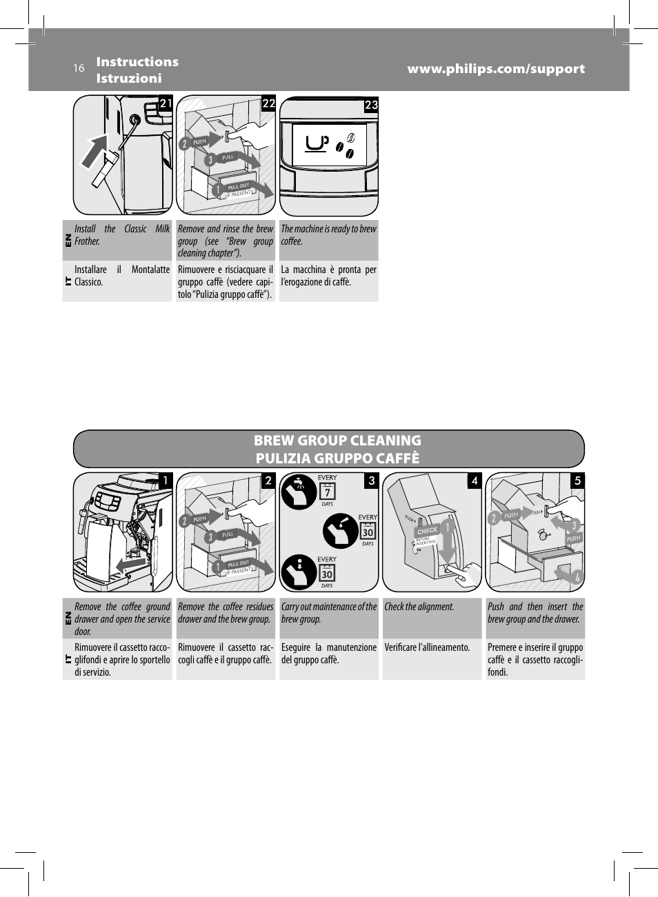 Brew group cleaning pulizia gruppo caffè | Philips Saeco Intelia Cafetera expreso súper automática User Manual | Page 16 / 96