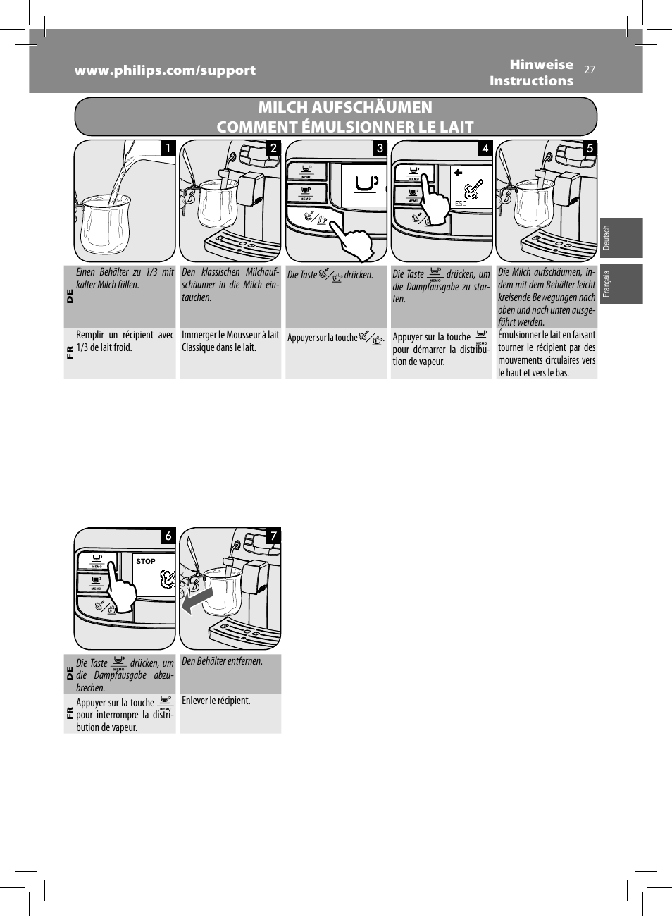 Milch aufschäumen comment émulsionner le lait | Philips Saeco Intelia Cafetera expreso súper automática User Manual | Page 27 / 96