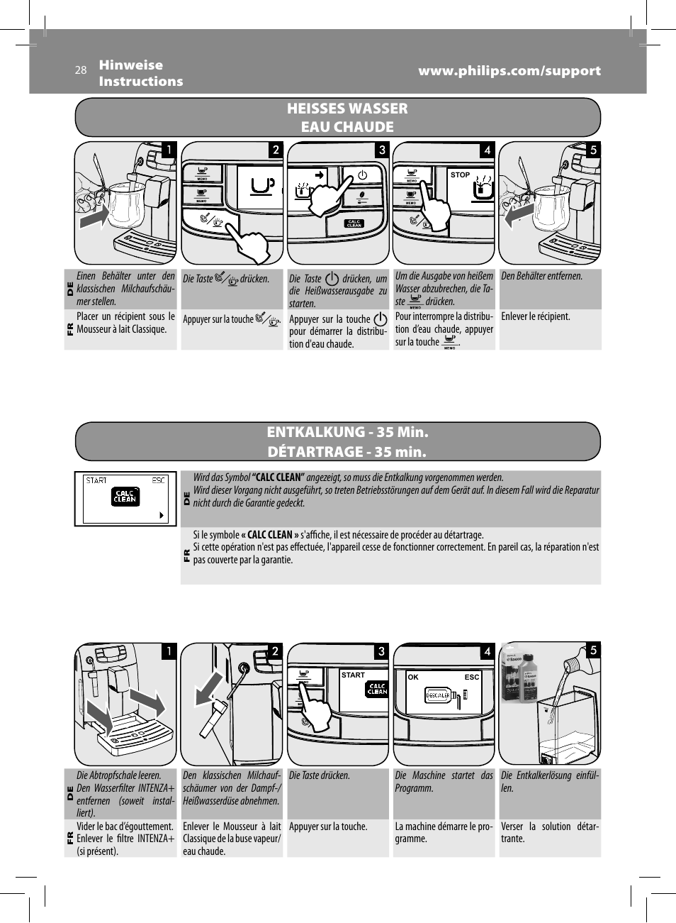 Heisses wasser, Eau chaude, Entkalkung - 35 min | Détartrage - 35 min | Philips Saeco Intelia Cafetera expreso súper automática User Manual | Page 28 / 96
