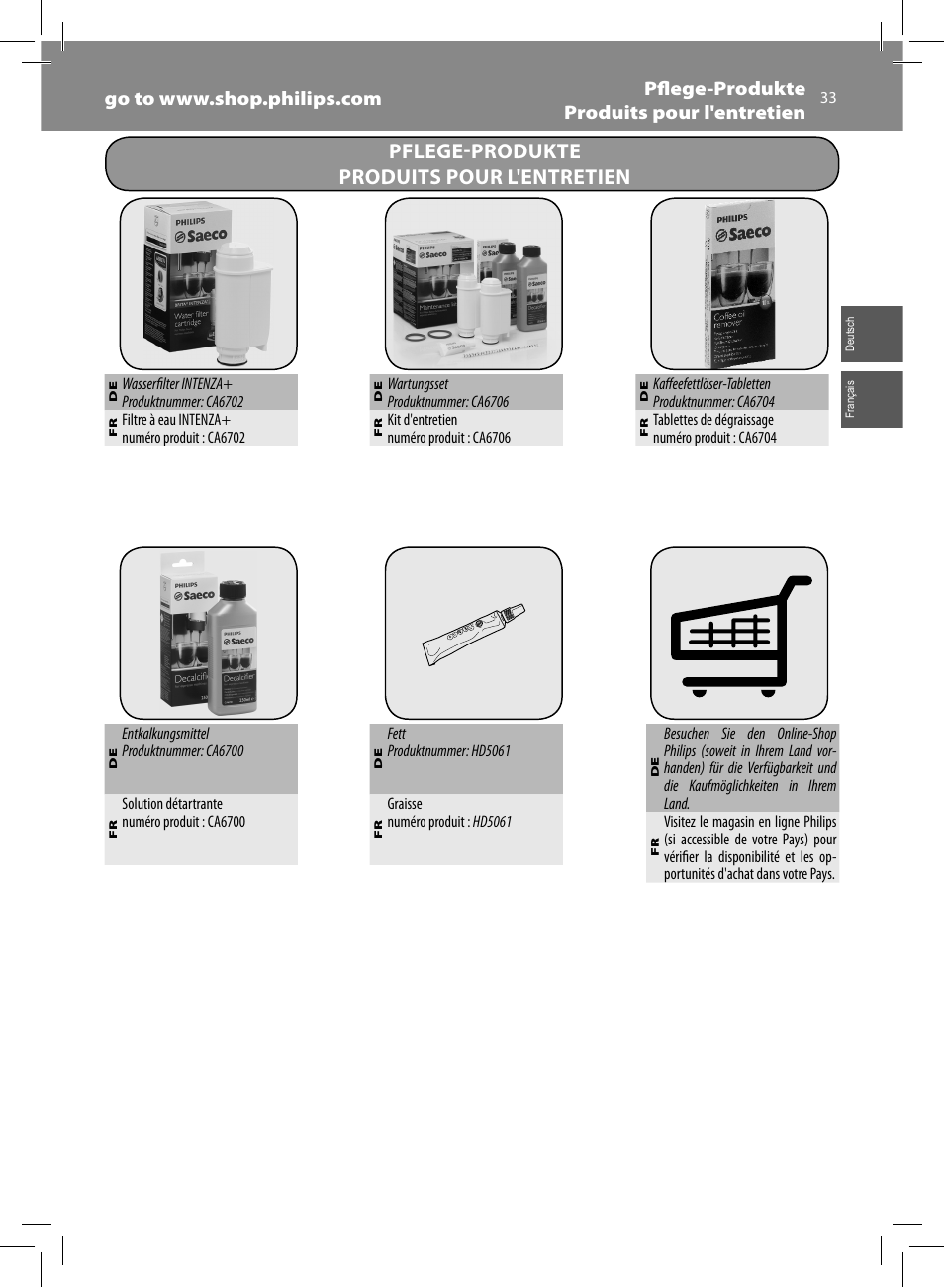 Pflege-produkte produits pour l'entretien | Philips Saeco Intelia Cafetera expreso súper automática User Manual | Page 33 / 96