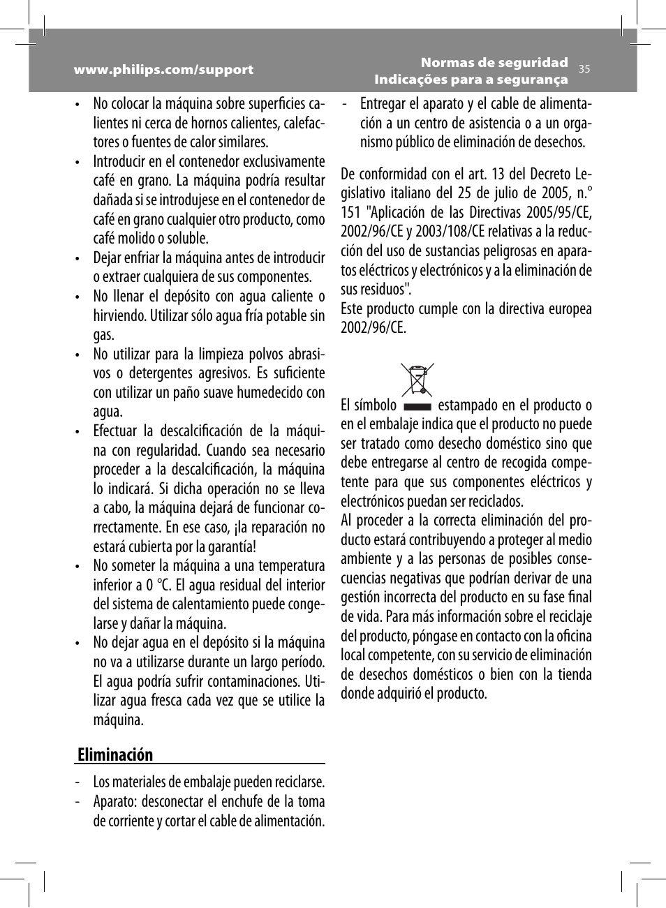 Eliminación | Philips Saeco Intelia Cafetera expreso súper automática User Manual | Page 35 / 96