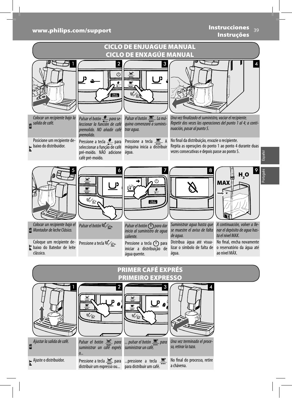 Primeiro expresso | Philips Saeco Intelia Cafetera expreso súper automática User Manual | Page 39 / 96