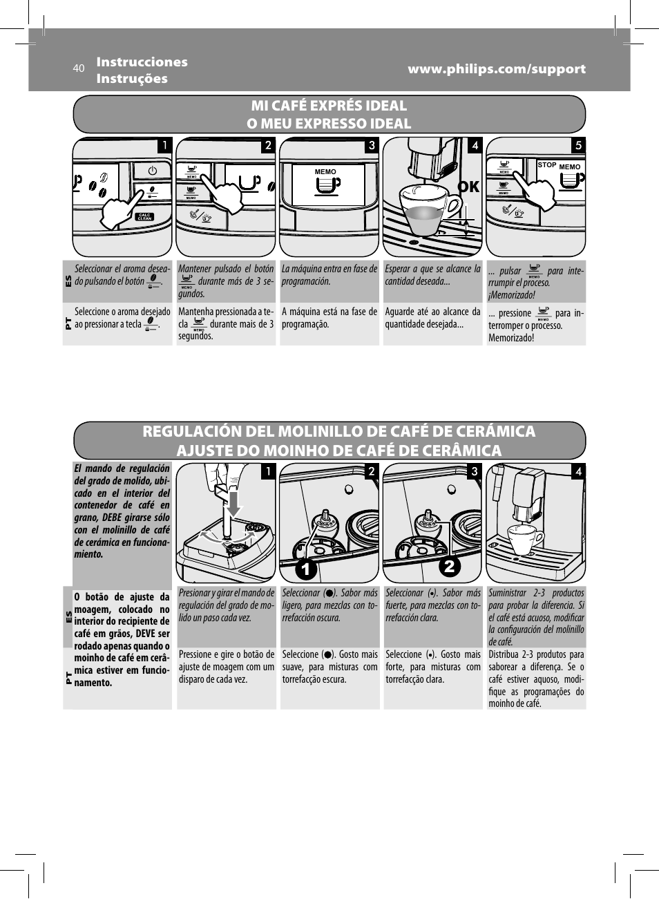 Ok 1 2, Mi café exprés ideal o meu expresso ideal | Philips Saeco Intelia Cafetera expreso súper automática User Manual | Page 40 / 96