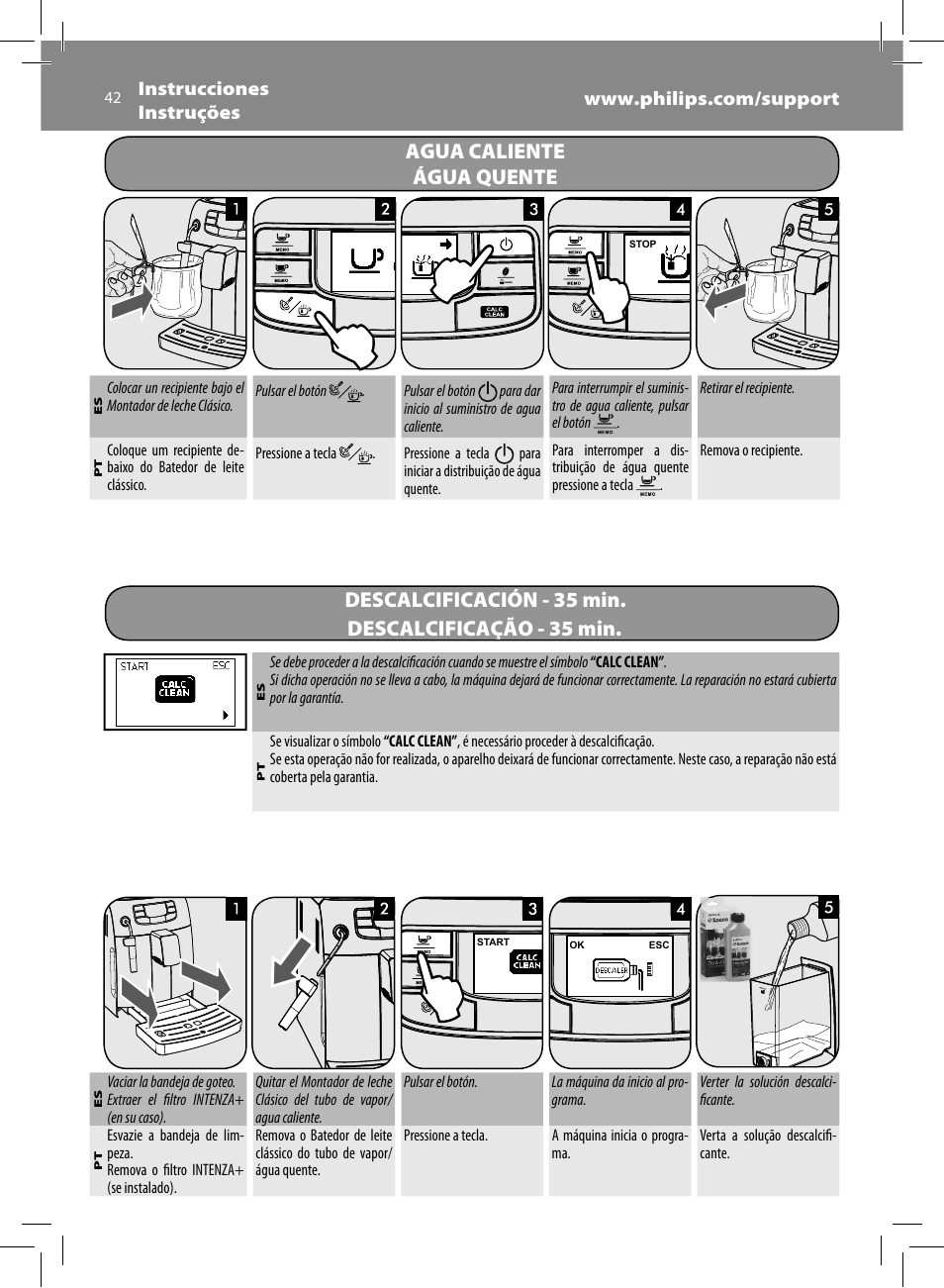 Agua caliente água quente, Descalcificación - 35 min, Descalcificação - 35 min | Philips Saeco Intelia Cafetera expreso súper automática User Manual | Page 42 / 96