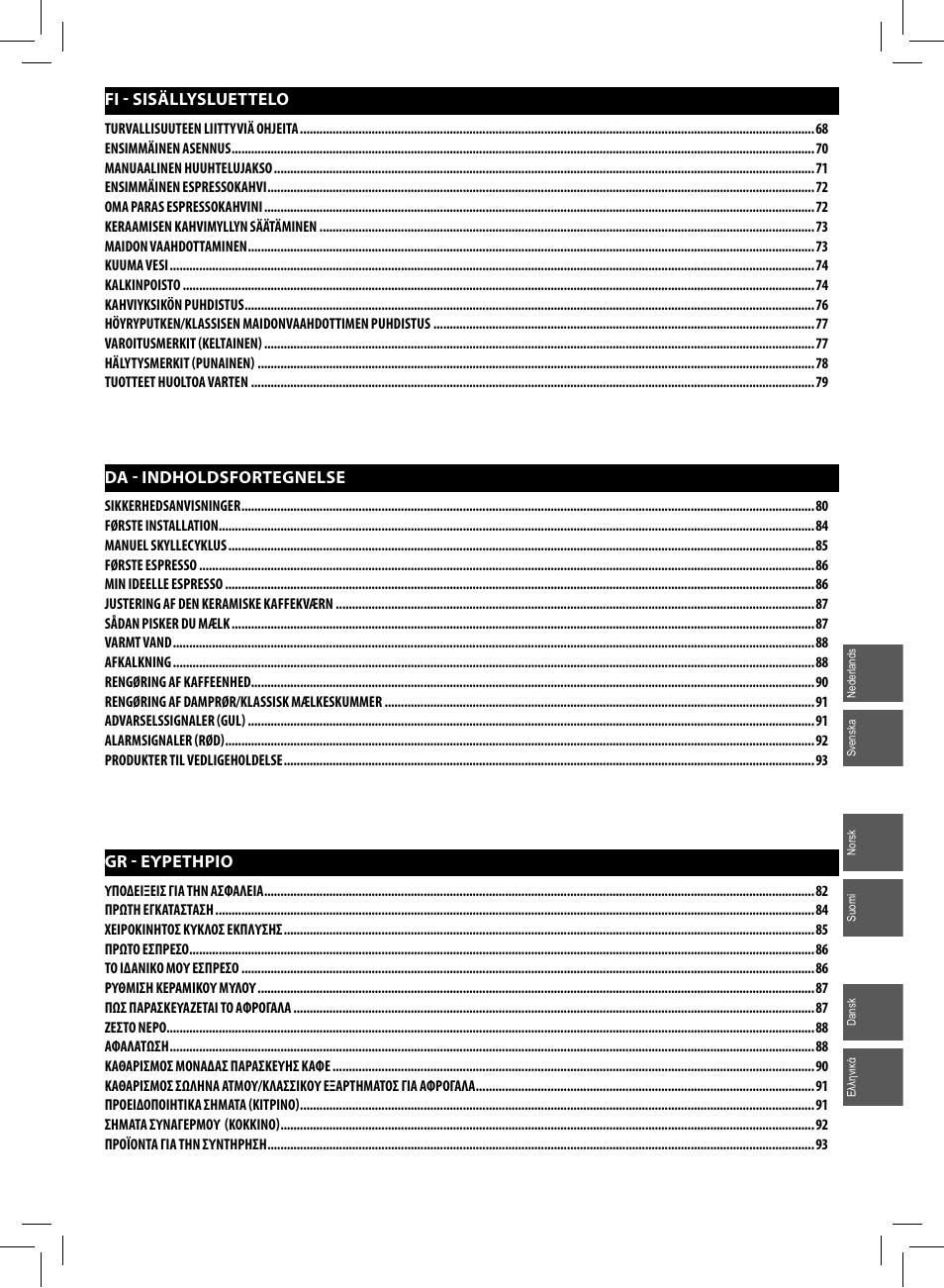 Fi - sisällysluettelo, Da - indholdsfortegnelse, Gr - ευρετηριο | Philips Saeco Intelia Cafetera expreso súper automática User Manual | Page 51 / 96
