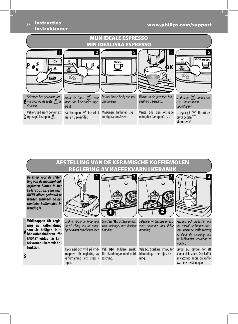Ok 1 2, Mijn ideale espresso, Min idealiska espresso | Philips Saeco Intelia Cafetera expreso súper automática User Manual | Page 58 / 96