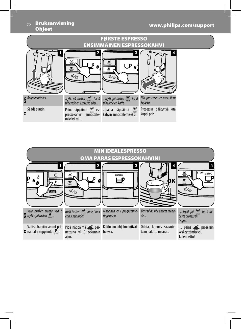 Første espresso, Ensimmäinen espressokahvi, Min idealespresso oma paras espressokahvini | Philips Saeco Intelia Cafetera expreso súper automática User Manual | Page 72 / 96