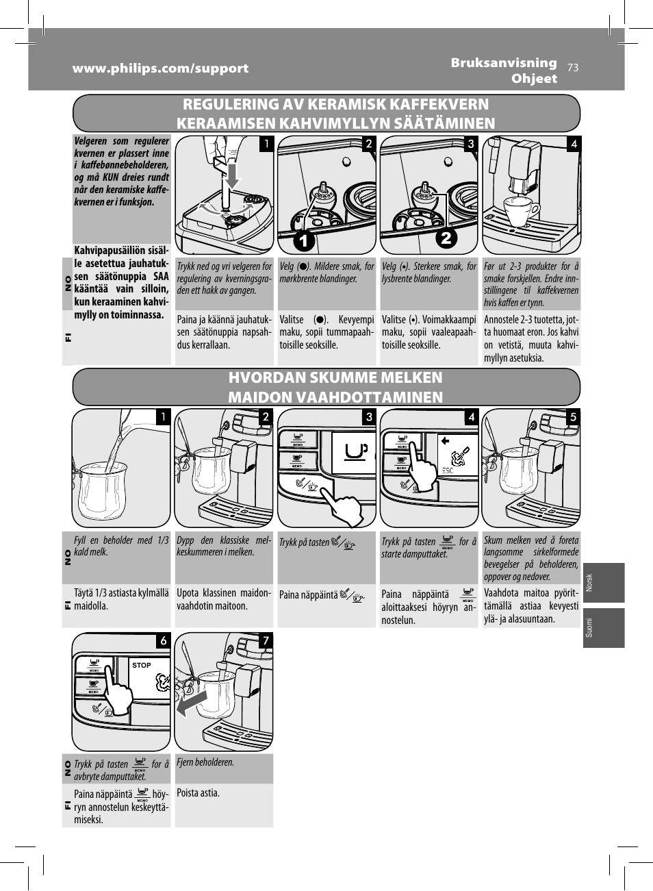 Hvordan skumme melken maidon vaahdottaminen | Philips Saeco Intelia Cafetera expreso súper automática User Manual | Page 73 / 96