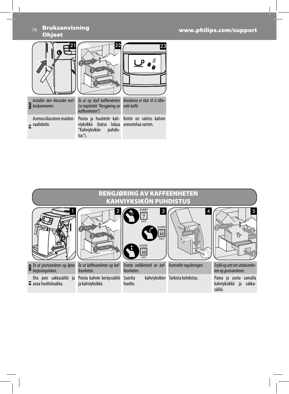 Rengjøring av kaffeenheten kahviyksikön puhdistus | Philips Saeco Intelia Cafetera expreso súper automática User Manual | Page 76 / 96