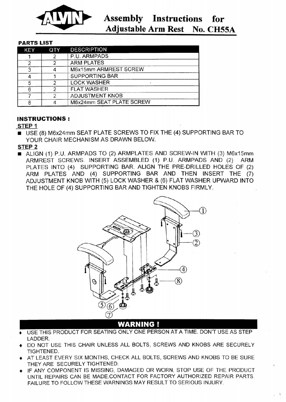 Alvin Adjustable Arm Rest CH55A User Manual | 1 page