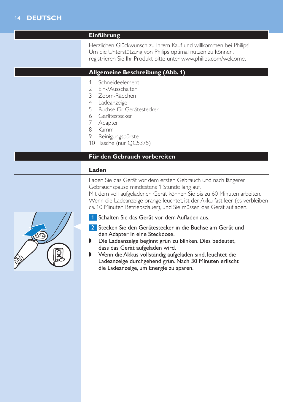 Deutsch, Deutsch 14 | Philips HAIRCLIPPER Series 5000 cortapelos User Manual | Page 14 / 58