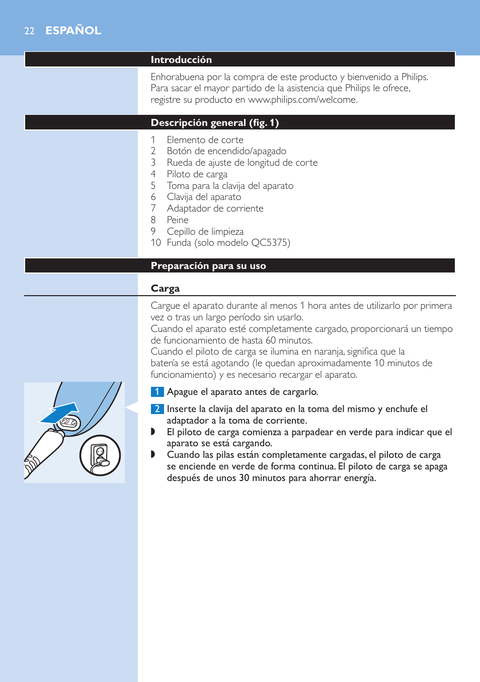 Español | Philips HAIRCLIPPER Series 5000 cortapelos User Manual | Page 22 / 58