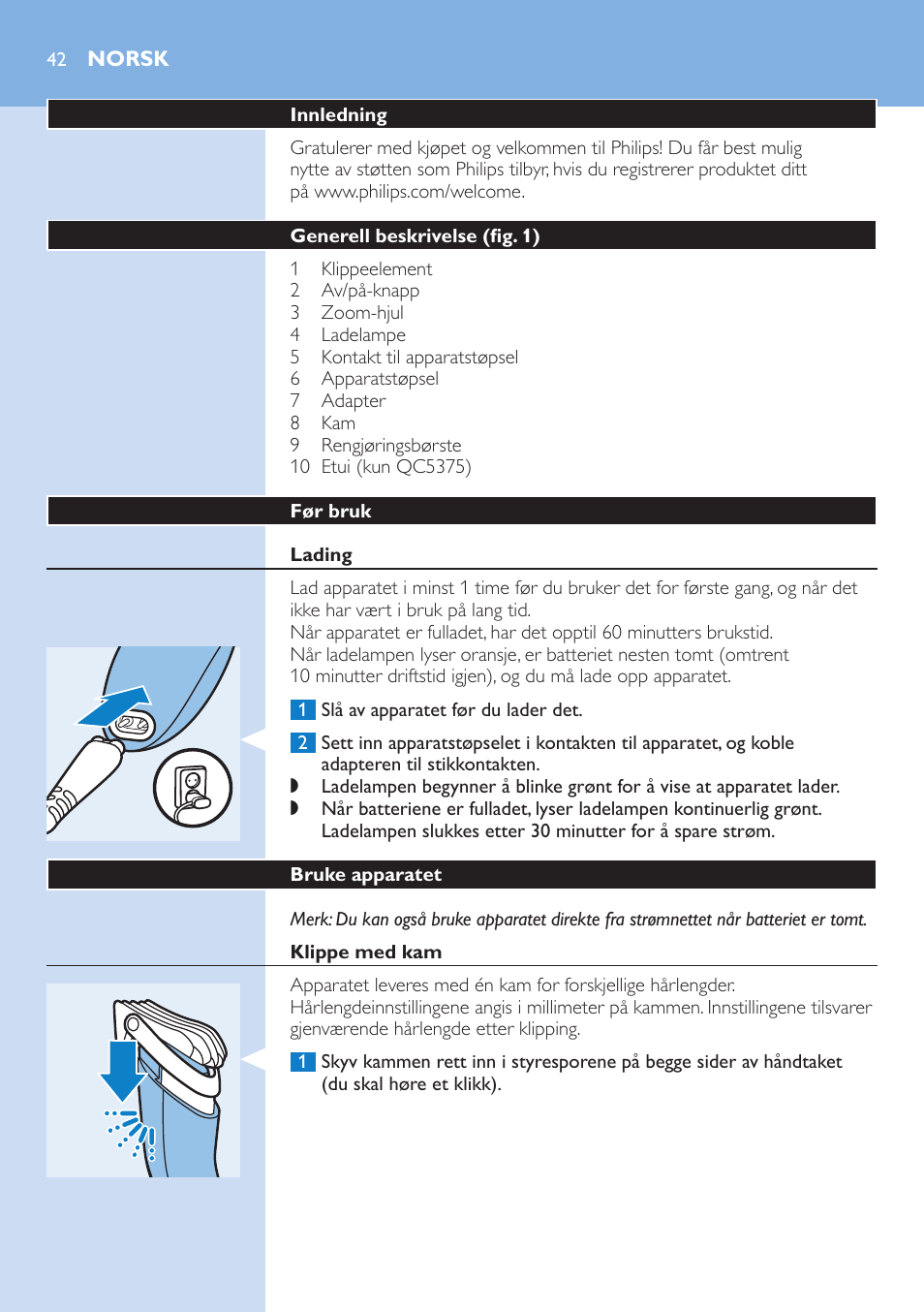 Norsk, Norsk 4 | Philips HAIRCLIPPER Series 5000 cortapelos User Manual | Page 42 / 58