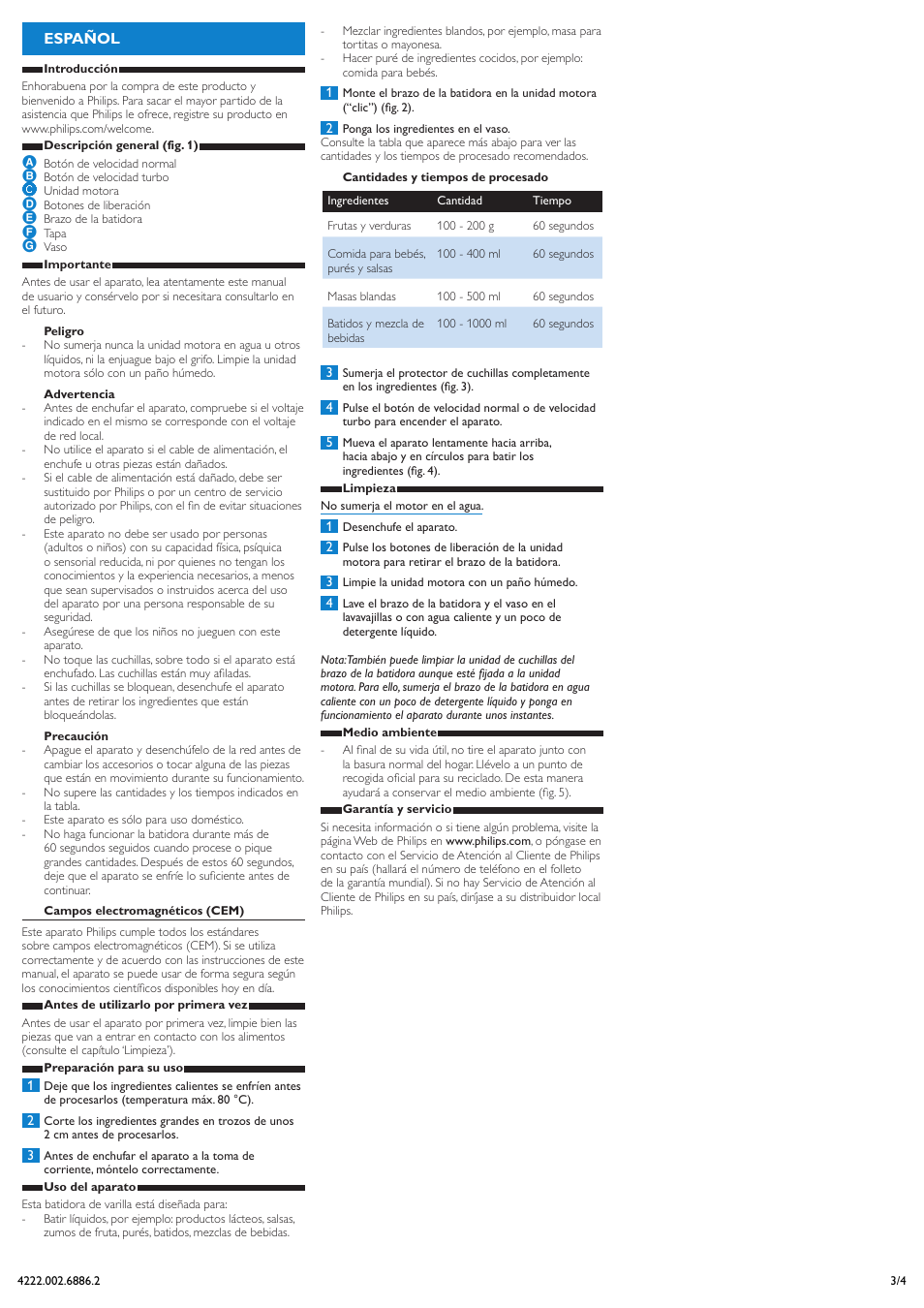 Español | Philips Daily Collection Batidora de mano User Manual | Page 3 / 4