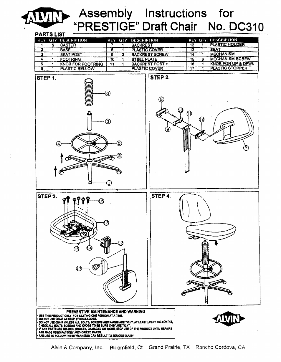 Alvin Prestige Draft Chair DC310 User Manual | 1 page