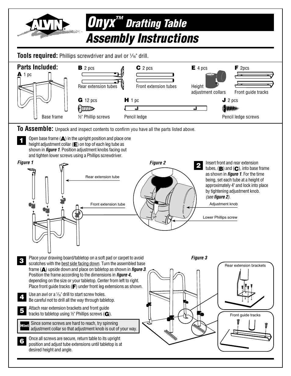 Alvin Drafting Table Onyx User Manual | 2 pages